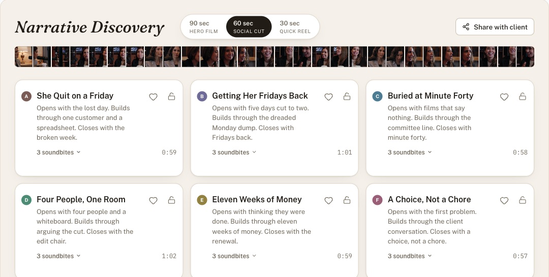 FlashCut Narrative Discovery board: narrative tiles with 90, 60 and 30 second tabs and a Share with client button